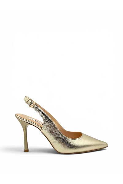 Vieris Shoes Gold Metalik Hakiki Deri Toka Detaylı Sivri Burun Slingback Kadı...