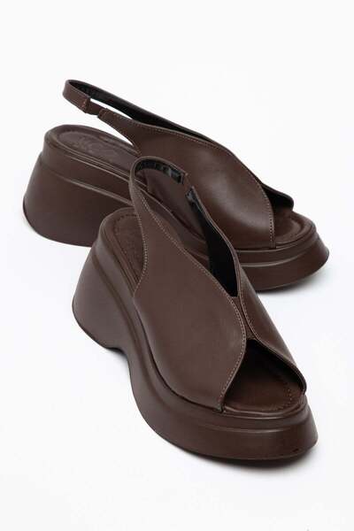Dilimler Ayakkabı Women's Wedge Heel Sandals Brown Side Closed Flat Model