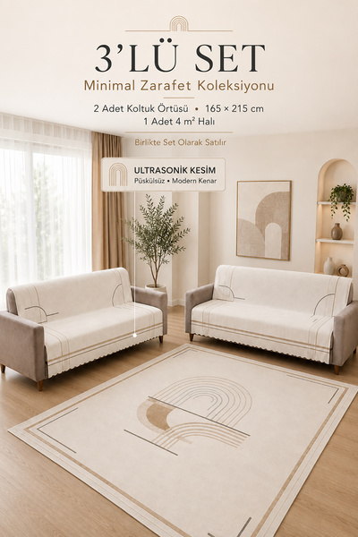 GECE HOME 3’lü Set 2 Adet 165x215 cm Koltuk Örtüsü + 1 Adet 4m2 160x230 cm Ka...