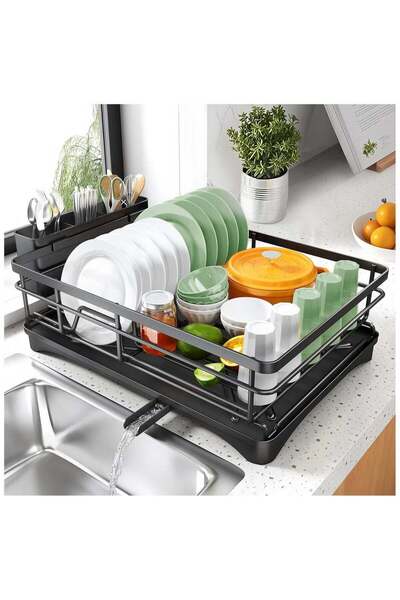 HİAS Stainless Steel Dish Drying Rack with Drainboard & Utensil Holder - Larg...