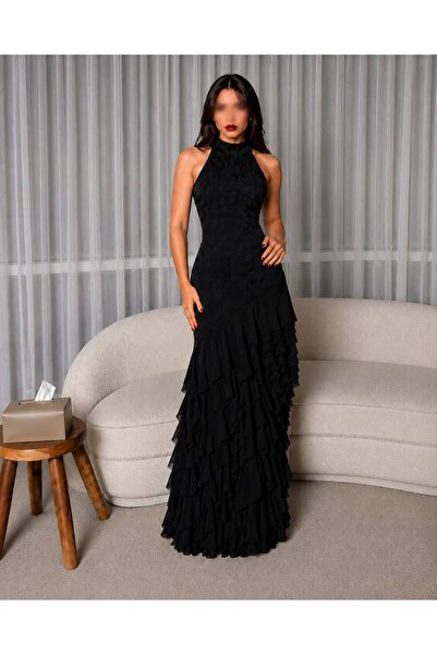 MILANORA Elegant Black Dress with Luxurious Ruffles