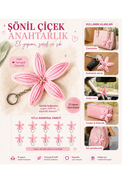 designelfida Design Elfida Şönil Çiçek Anahtarlık 10'lu Paket /El Yapımı / Ça...