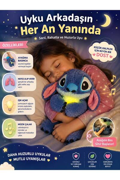 Rhea Company Solunum Hareketli Işıklı Ve Müzikli Stitch Uyku Arkadaşı Peluş O...