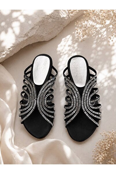 FİORE WOMEN Black Stone Embroidered Women's Slippers |   Modern Elegant Comfo...