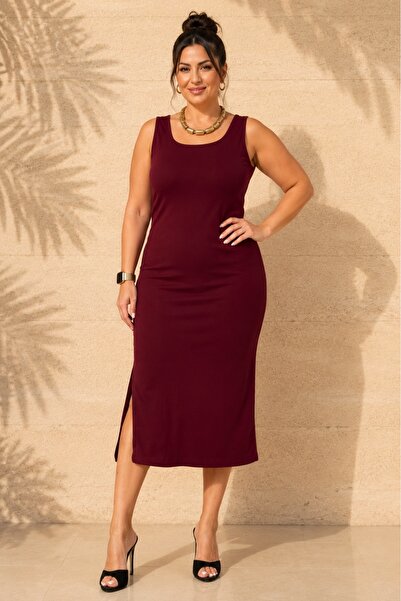 FOR ESRA BIG TREND Women's Plus Size Square Neck Thick Strap Side Slit Crepe ...