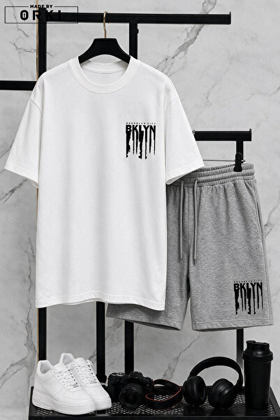 EFFRENATU Bklyn Printed Cotton Fabric Unisex T-Shirt-Grey Shorts Set