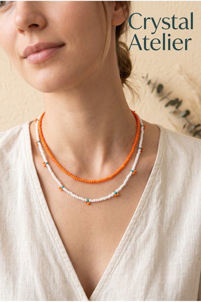 Crystal Atelier 2-Piece Orange and White Beaded Cherry Necklace