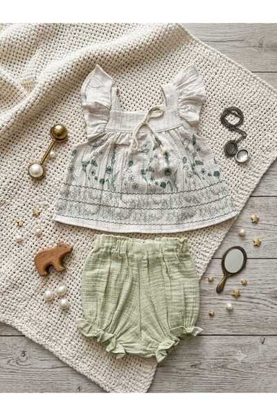 Hafez Kids Baby Girl Muslin 2-Piece Set Floral Patterned Ruffle Blouse Shorts