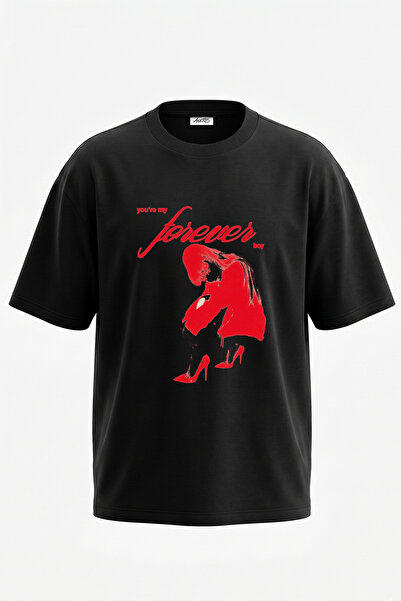 Anetos Red Heeled Women's Design Printed Oversize Black T-Shirt