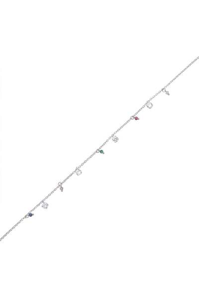 Zeino Çok Renkli Zirkon Taşlı Çelik Halhal - Gümüş Rengi Kaplama - 20+5 cm