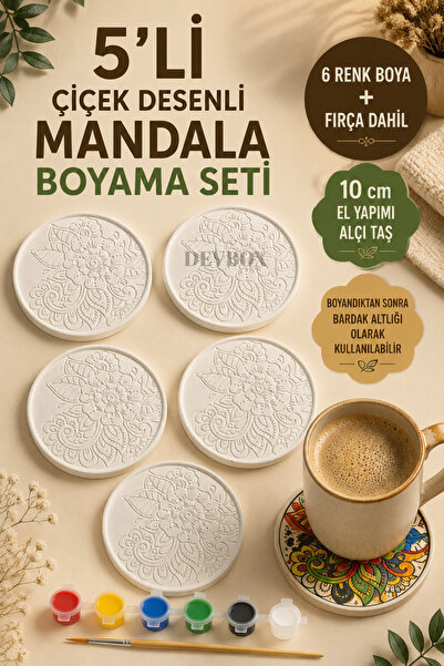 devhome 5 Adet Çiçek Desenli Mandala Boyama Seti | El Yapımı Alçı Taş Bardak ...