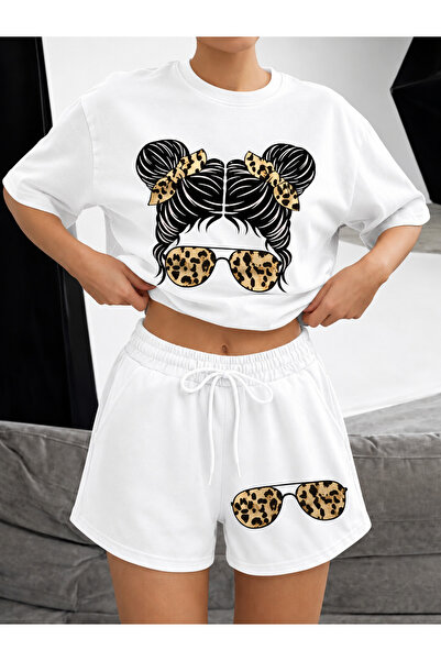 RKSAL BUTIK Rksal kadın messy bun kız baskılı alt ust şortlu oversize takım