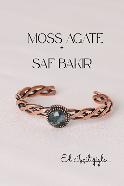 Store Moss Agate Taşlı Doğal Taş Saf Bakır El İşçiliği Bilezik