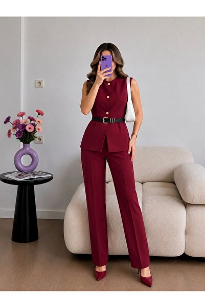 Ekim Store Set vestă, pantaloni și blazer cu centură bordeaux și accesorii me...