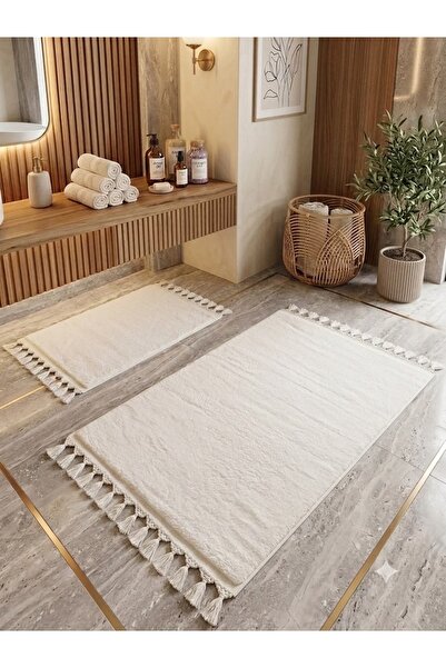DECORA CASA HOME COLLECTİON 2-Piece Tasseled Bath Mat Set 60X110/60X50 Non-Sl...
