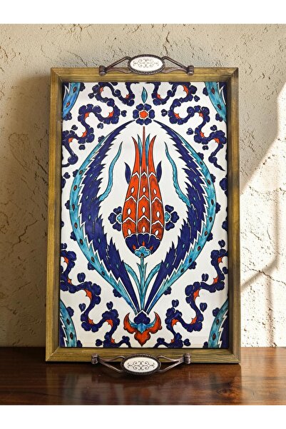 PorcelainAtelier El Yapımı Kütahya Çini Desenli Ahşap & Seramik Tepsi 42x28 c...