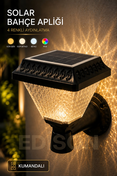 Edison Solar Duvar Tipi Bahçe Apliği Kumandalı 4 Renk RGB LED 30W 200 Lümen I...