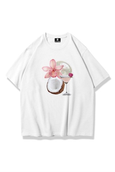 STYKEER Unisex Oversized T-Shirt "The Cocktail Flower" Loose Fit Oversized Wh...