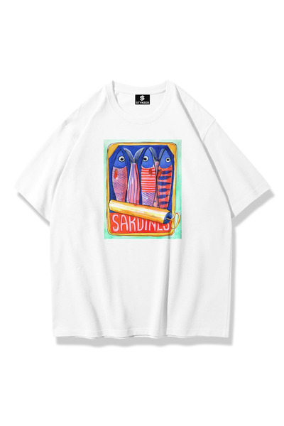 STYKEER Unisex Oversized T-Shirt "The Canned Sardine" Loose Fit Oversized Whi...