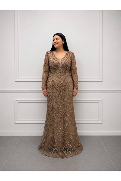 NOVERA DRESS Novera Büyük Beden V Yaka Bej Rengi Pul Payet İşlemeli Uzun Abiy...