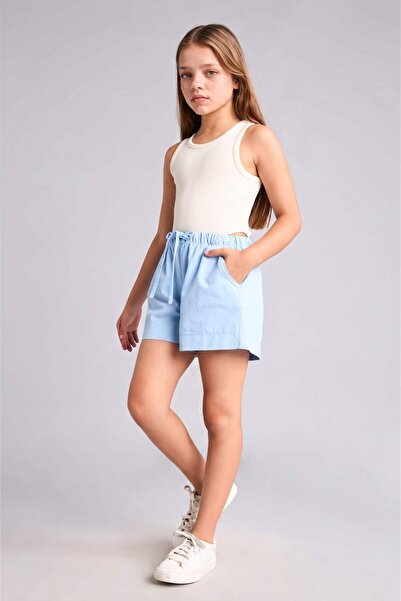 DeFacto Regular Fit Gabardine Elastic Tie Waist Light Blue Shorts Girls I0060...