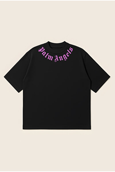 Moon Dancer Palm Angels Neck Pink Logo Printed Oversize Boxy Cut Unisex 100% ...