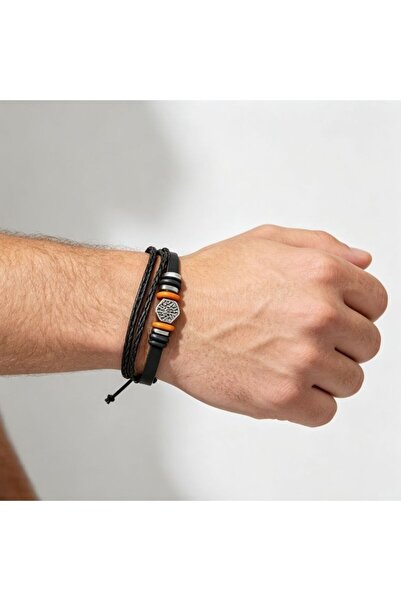 idei Unisex πλεκτό δερμάτινο βραχιόλι με μεταλλικό μενταγιόν, ρυθμιζόμενο σύσ...