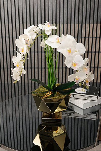 Yaren Style Aura White Artificial Orchid Metal Vase Decorative Home Office Li...