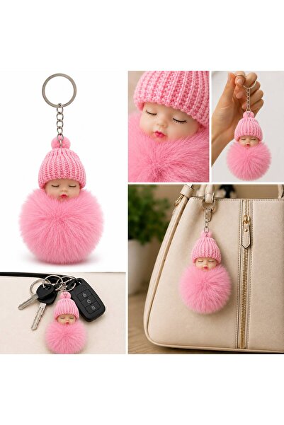 BEFS STORE Breloc cu păpușă adormită în beretă de pluș și pompon moale