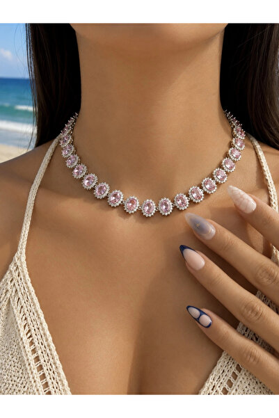 h&b design jewel Çelik Pembe Oval Taşlı Kolye