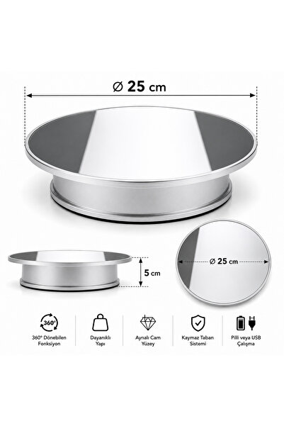 STAND MARKET 25 cm 360° Elektrikli Aynalı Döner Ürün Çekim Platformu – Pilli ve USB Çalışan Gümüş