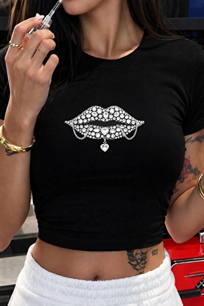 ZAVIXO Γυναικείο T-shirt Crop Slim Fit με στάμπα Stoned Lip, 100% βαμβάκι – Μ...