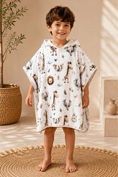 Daylife Hooded Kids Poncho Safari Patterned Soft Plush Beach, Pool and Bath P...