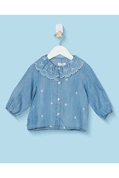 REDTAG Infant Girls Light Wash Embroidered Denim Blouse