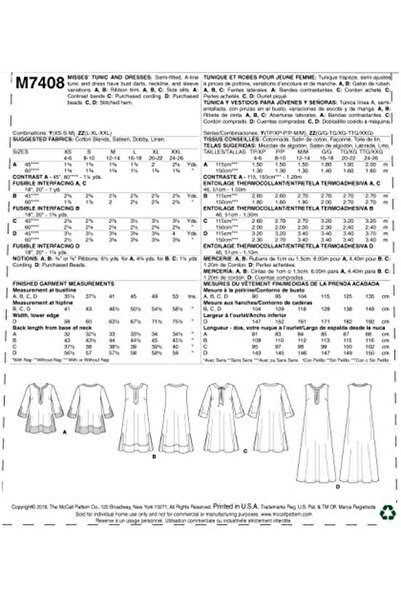 Yıldızan Nht Shop Mccall's Patterns 7408 Zz Cut Pattern, for Tunics and Dress...