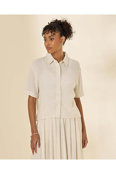 REDTAG Women Beige Short Sleeve Shirt Blouse