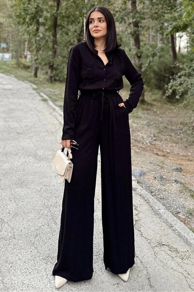 Moda4x4 Women's Clothing Black Long Sleeve, Round Neck, Elastic Waist and Bel...