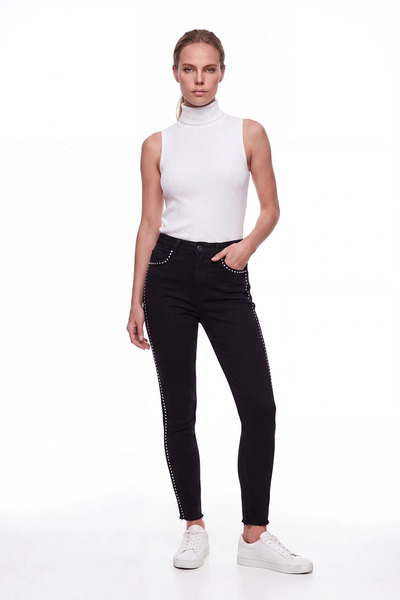 cemo Women's High Waist Stone Embellished Skinny Jean Pants