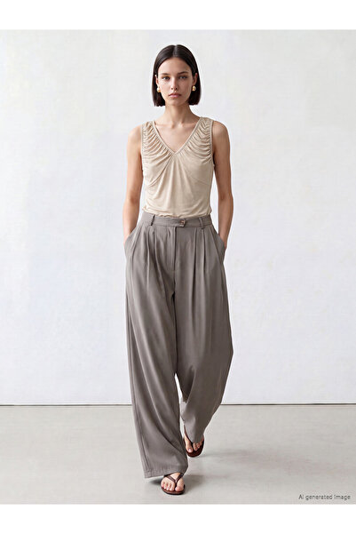 LC Waikiki Brown High Waist Women's Pleated Fabric Trousers