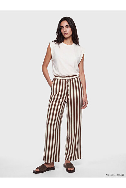 LC Waikiki Brown Elastic Waist Striped Women's Trousers