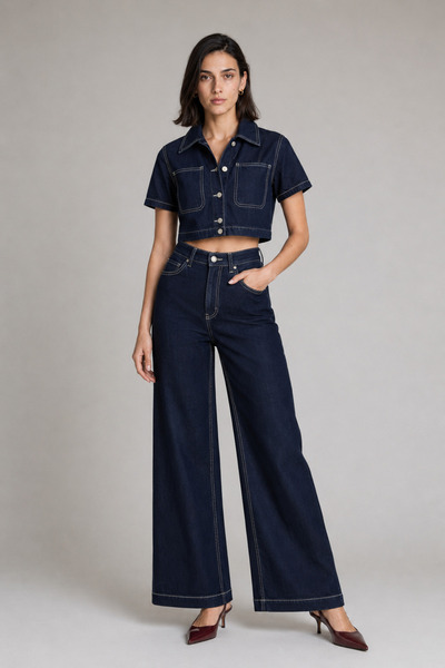 Ivoire Wear Dark Indigo Contrast Stitched Crop Shirt and Wide Leg Women's Den...