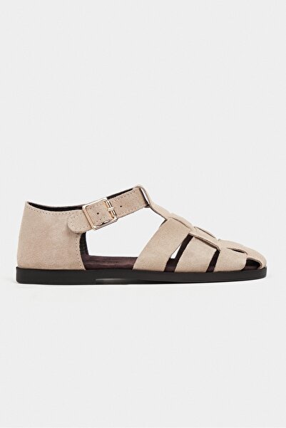 NİŞANTAŞI SHOES Marcel Beige Suede Leather Buckle Detail Flat Sole Women's Sa...