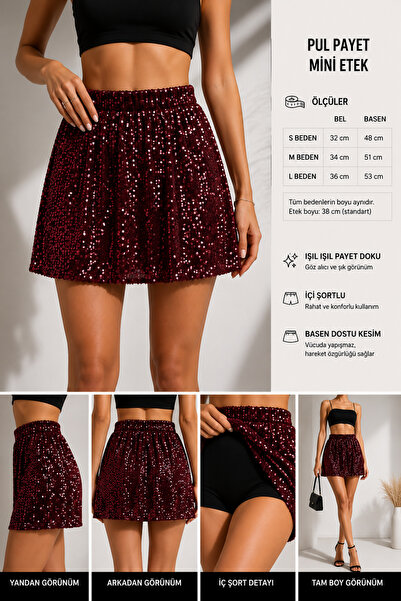 ELİTE PRENSES VELOURA Sequin Mini Skirt with Shorts Inside Women's High Waist...