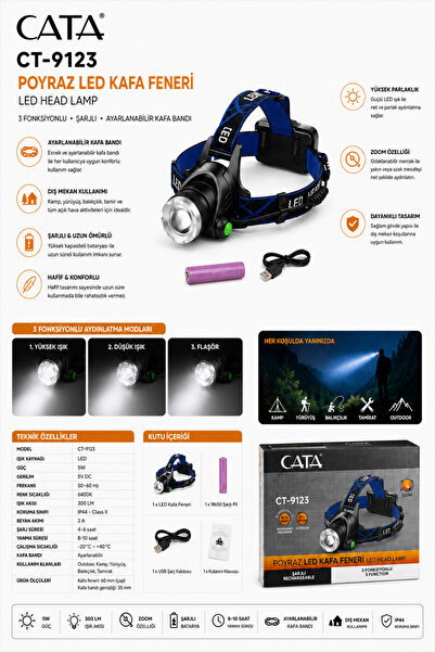 Cata CT-9123 Poyraz Şarjlı LED Kafa Feneri 5W 300 lm Zoom Özellikli IP44 Kamp...
