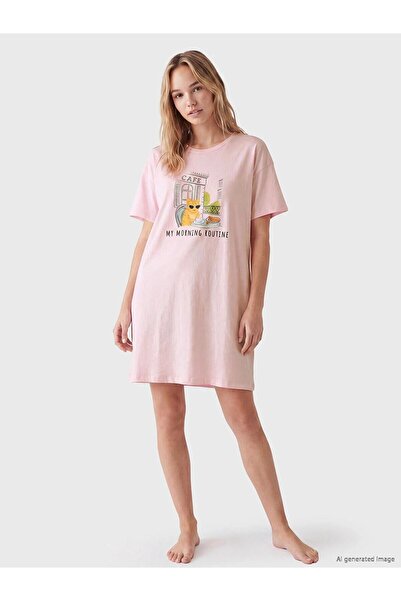 LC Waikiki Crew Neck Cat Printed Women's Nightgown (W6)
