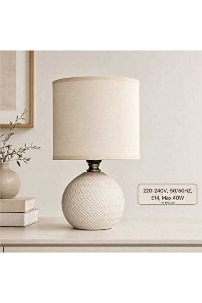 PriStyle Lampa de Masa Decorativa pentru Dormitor si Living, 13x13x25 cm, Veioza Eleganta cu Abajur Textil, Baza Ceramica Rotunda, Soclu E14, Alimentare 220–240V, 50/60Hz, Putere Maxima 40W, PriStyle®