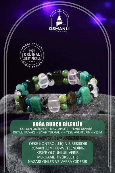 OSMANLI DOĞAL TAŞ Boğa Burcu Bileklik Golden Obsidyen, Mavi Apatit, Pembe Kuv...