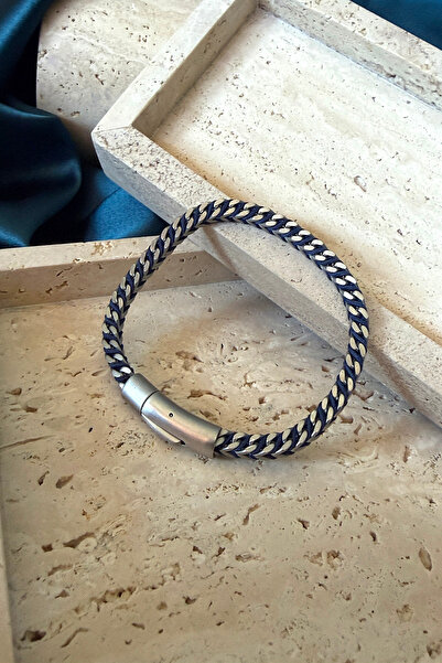 MOONİ ACCESSORİES سوار رجالي من الفولاذ 316L بتصميم فرنسي منسوج باللون الأزرق...