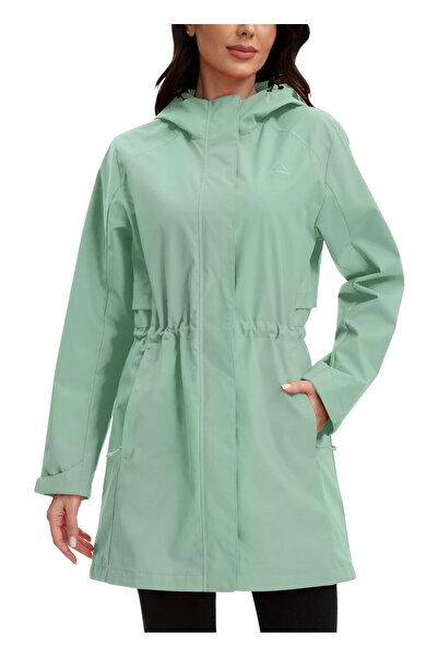 OEM Women's Waterproof Long Raincoat Hooded Lined Windbreaker – Grey-Green XXL