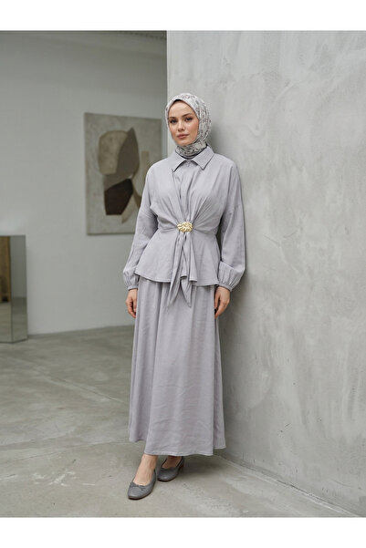 Foremia Front Tie Accessory Detailed Skirt Suit - Gray